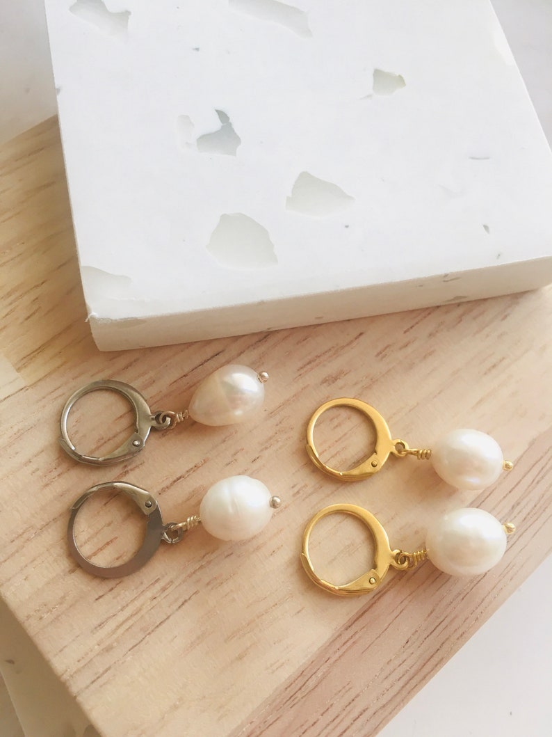 Drop earrings, Pearl gold hoop Earrings, Pearl earrings, Silver hoop earrings, Bridesmaid gift image 5