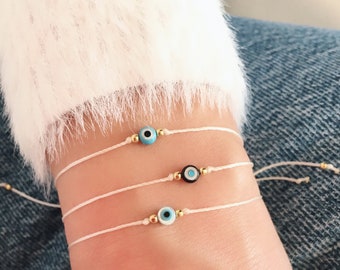 Tiny evil eye bracelet, Mother of pearl evil eye, Gift jewelry