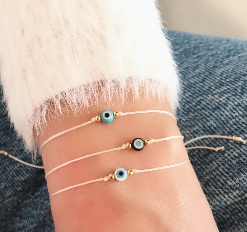 Tiny evil eye bracelet, Mother of pearl evil eye, Gift jewelry 