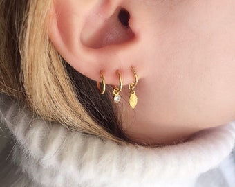 Gold mini hoop earrings, Hoop earrings, Leaf earrings, CZ earrings, Small hoop earrings