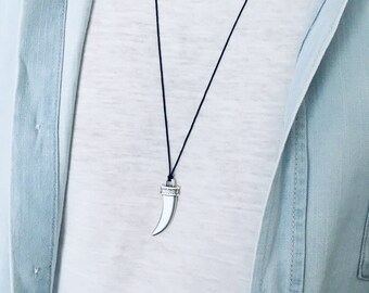 Mens Jewelry, Cord necklace, Gift for him, Leaf necklace, Snake necklace, Global necklace, Horn silver necklace