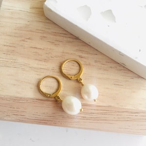 Drop earrings, Pearl gold hoop Earrings, Pearl earrings, Silver hoop earrings, Bridesmaid gift image 3