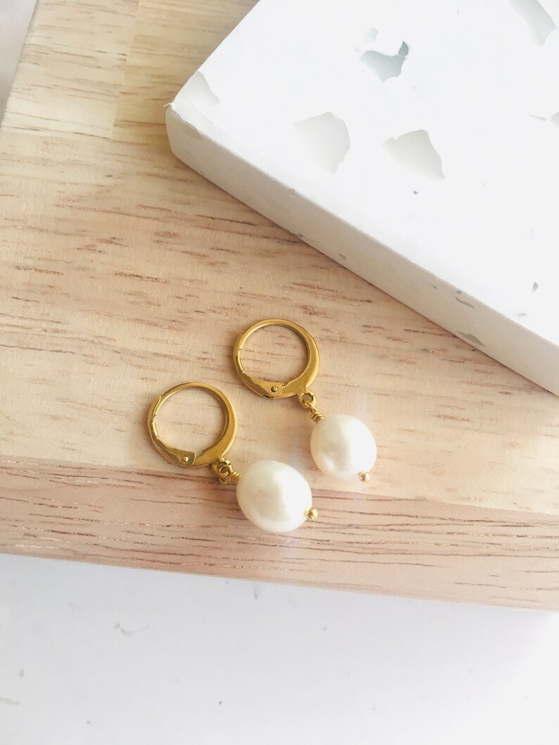 Drop earrings, Pearl gold hoop Earrings, Pearl earrings, Silver hoop earrings, Bridesmaid gift image 3