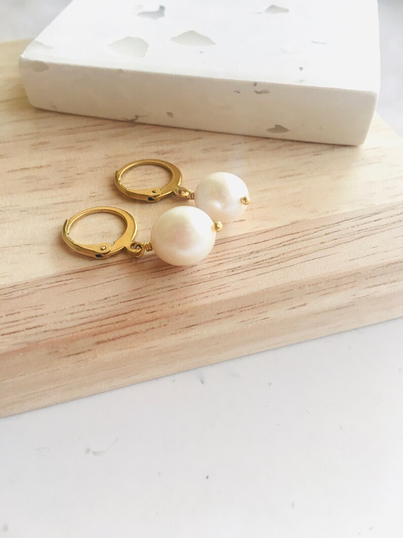 Drop earrings, Pearl gold hoop Earrings, Pearl earrings, Silver hoop earrings, Bridesmaid gift image 4