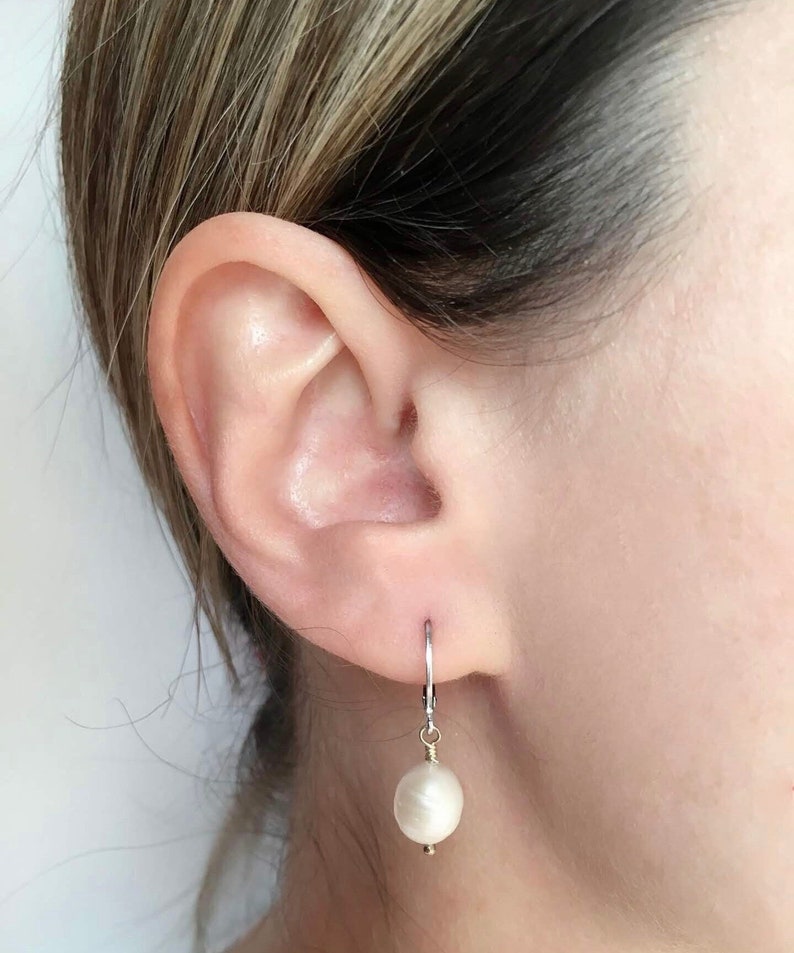 Drop earrings, Pearl gold hoop Earrings, Pearl earrings, Silver hoop earrings, Bridesmaid gift image 1
