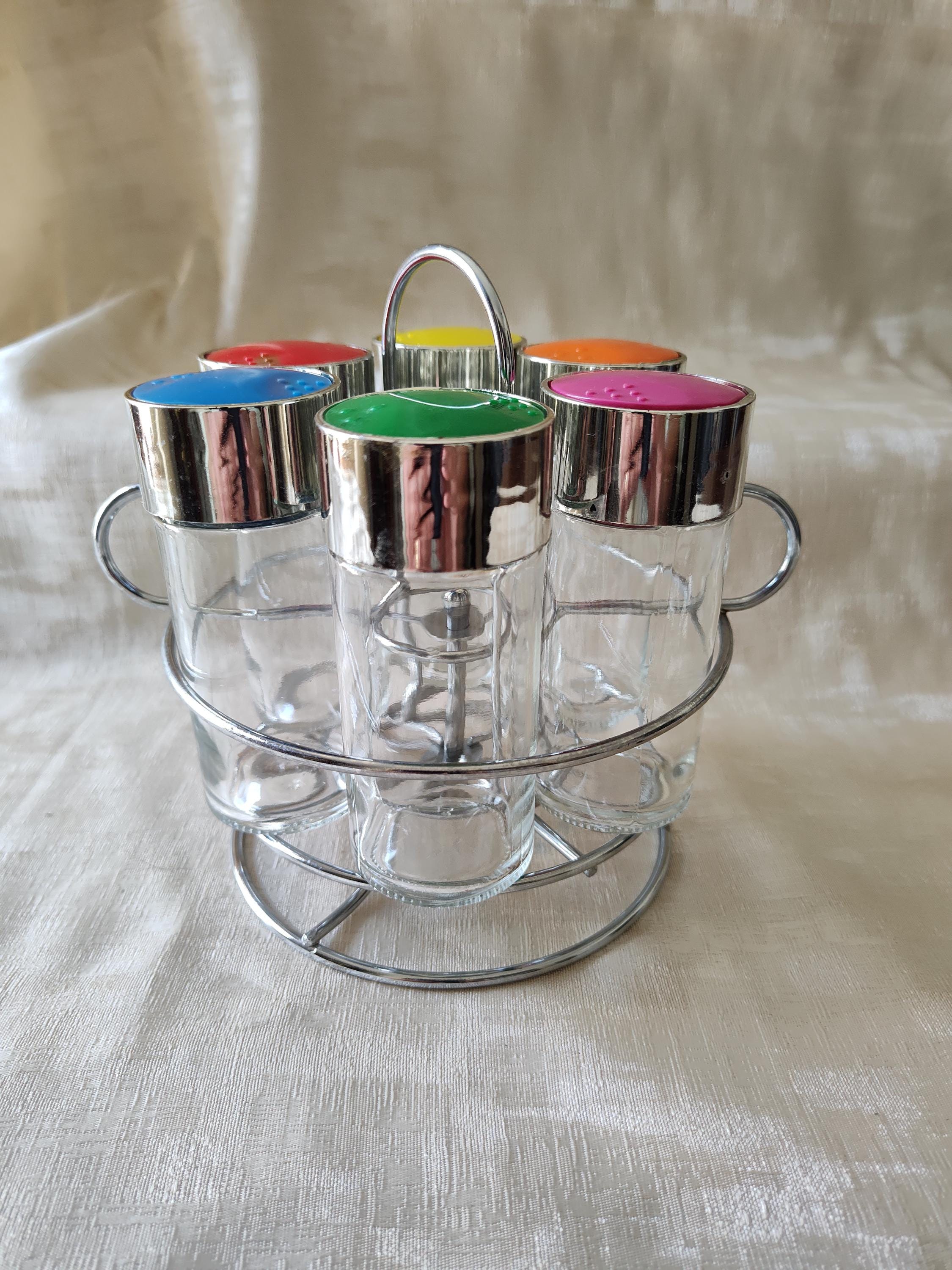 Vintage Spinning Spice Rack, Chrome Carrier, 6 Multi Color Spice Jars ...
