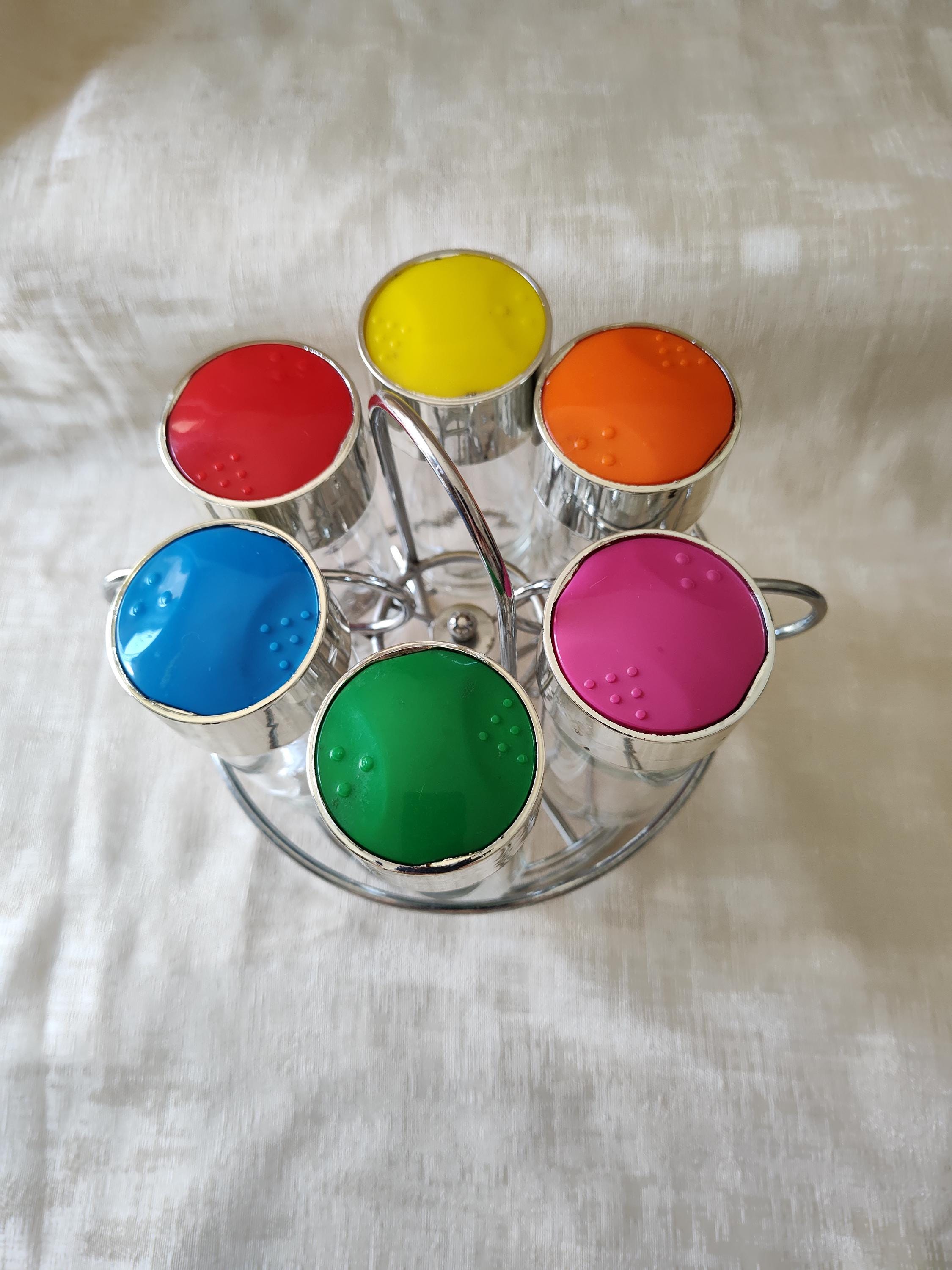 Vintage Spinning Spice Rack, Chrome Carrier, 6 Multi Color Spice Jars ...