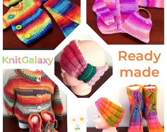 Unique ready made exclusive colourful chunky hand knitted boys and girls sets, only one of each available, gift wrap, Handmade, UK Seller
