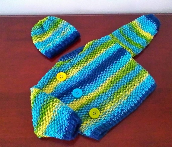 childrens chunky cardigan//jacket blue//green hand knitted