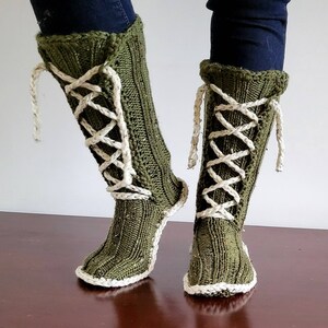 ONLY ONE pair ready made wool hand knitted slippers socks with decorative laces in booties style, gift wrap available, Handmade,UK Seller