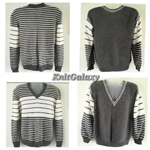 Two ready made striped hand knitted jumpers with V-neck in two styles for men and boys, gift wrap available, Handmade, UK Seller