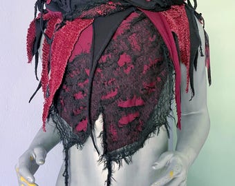 Black & Red Hooded Scarf, Cyberpunk PostApocalyptic Burning Man Costume