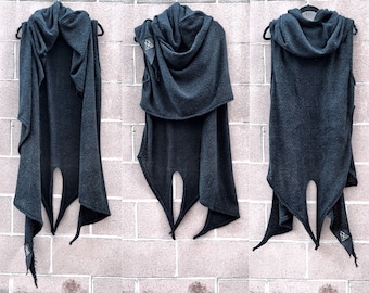 Black Sleeveless Cyberpunk Hoodie: Dystopian Wrap Jacket, Halloween costume