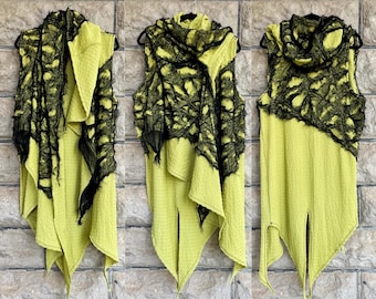 Distressed Postapocalyptic Hoodie: Black Yellow Green Sleeveless Hoodie Halloween Costume