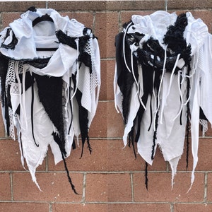 Black White hooded scarf, White hood, Pull over hood scarf, Halloween costume, cyberpunk hood, postapocalyptic scarf, dystopian hood