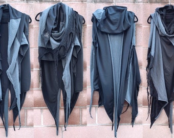 Burning Man Jacke, handgefertigte, abgenutzte schwarze Jacke, Cyberpunk-Wasteland-Postapokalyptischer Rave-Hoodie