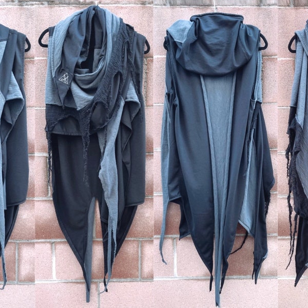 Black Gray Hoodie Wrap, Cyberpunk Postapocalyptic Hoodie, Burning Man Stage Clothing, Halloween Costume, Cosplay Cyberpunk Jacket