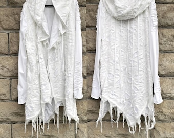 Handcrafted Distressed White Hooded Cardigan: Post-Apocalyptic Cyberpunk Halloween costume