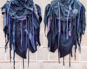 Black and Purple hooded scarf, black hood, pull over hood scarf, Halloween costume, cyberpunk hood, postapocalyptic scarf, burning man hood