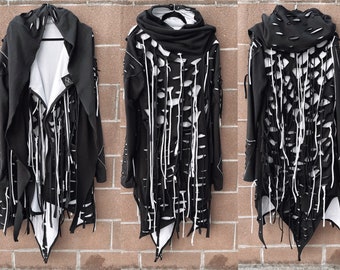 Black and white jacket, black jacket, black hoodie, postapocalyptic jacket, cyberpunk jacket, Halloween costume, burning man, dystopian