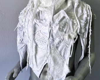 Handcrafted Distressed White Scarf: Burning Man costume, Cyberpunk Festival Clothing