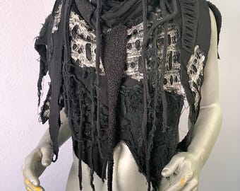 Black scarf, distressed scarf, postapocalyptic scarf, cyberpunk wrap, Halloween costume, stage clothing, burning man clothing, dystopian