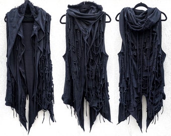 Handcrafted Distressed Black Hoodie: Cyberpunk Halloween Jacket