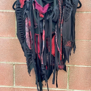 Black scarf, black and red scarf, distressed scarf, postapocalyptic, burning man accessories, Halloween costume, long scarf, cyberpunk, goth