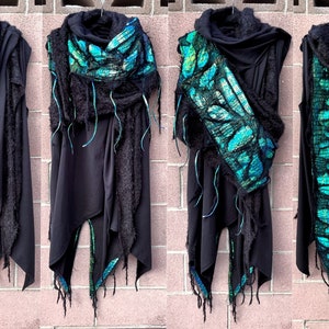Black Distressed Hoodie, Cyberpunk Stage Clothing, Cyberpunk Jacket, Postapocalyptic Jacket, Halloween Costume, Dystopian Hoodie Wrap