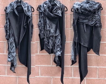 Distressed jacket, distressed hoodie, hooded scarf, cyberpunk jacket, postapocalyptic hoodie, black wrap, Halloween costume, dystopian