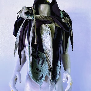 Black and Green hooded scarf, black hood, pull over hood scarf, Halloween costume, cyberpunk hood, postapocalyptic scarf, dystopian hood