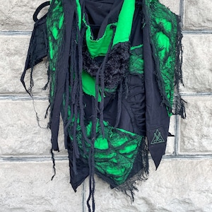 Handgemaakte postapocalyptische sjaal, zwart-groene rave- en Burning Man-festivalkleding