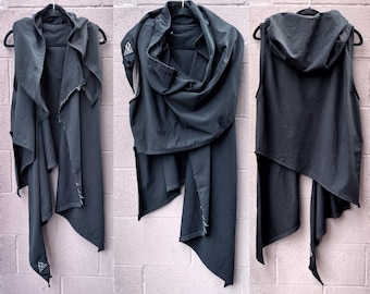 Handcrafted Black Hooded Scarf Wrap: Cyberpunk Festival Hoodie Halloween Costume