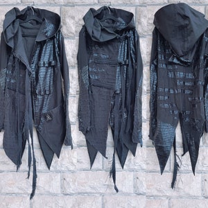 Postapocalyptic cyberpunk jacket, Black distressed jacket, burning man jacket, stage clothing, Halloween costume, cosplay costume