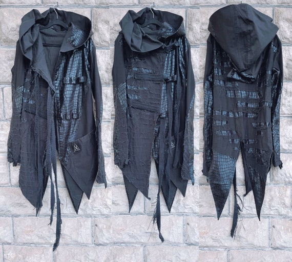 Handcrafted Distressed Black Cyberpunk Jacket: Halloween Costume (Size S)