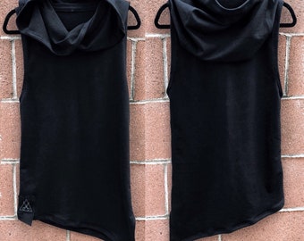 Black top, burning man clothing, sleeveless hoodie, cyberpunk, postapocalyptic, gothic, black hoodie, cyberpunk clothing, festival clothing