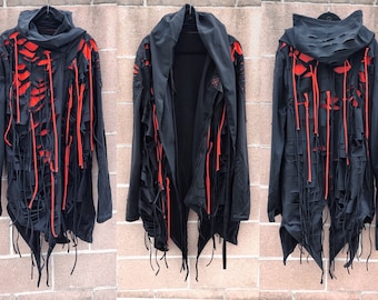 Burning Man Black / Red jacket, Cyberpunk Postapocalyptic hoodie, Distressed Halloween costume