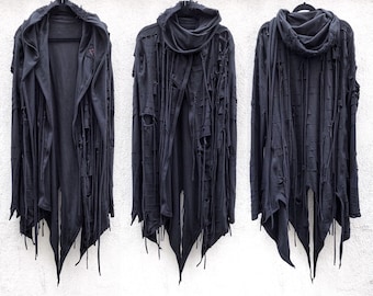 Halloween Black Distressed Hoodie: Postapocalyptic Cyberpunk Jacket
