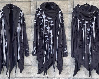Chaqueta blanca y negra, chaqueta negra, sudadera con capucha negra, chaqueta postapocalíptica, chaqueta cyberpunk, disfraz de Halloween, Burning Man, distópico