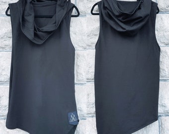 Handcrafted Black Sleeveless Hoodie: Asymmetric Cyberpunk Top