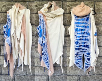 Blue Metallic Distressed Hoodie: Cyberpunk Sleeveless Jacket