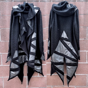 Black postapocalyptic burning man cyberpunk hoodie, Gothic cardigan, Halloween costume, Gothic Cosplay Distressed Jacket, Festival stagewear