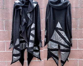 Handcrafted Black Gothic Cardigan: Cyberpunk Burning Man Festival Jacket (Size M)