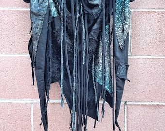 Black Blue scarf, distressed scarf, postapocalyptic scarf, burning man, Halloween costume, long scarf, cyberpunk scarf