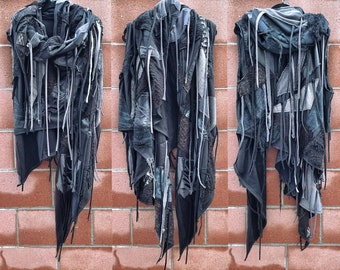 Distressed Black Grey Hoodie Wrap, Cyberpunk Post-Apocalyptic Burning Man costume.