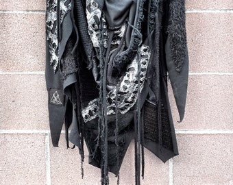 Black scarf, distressed scarf, postapocalyptic scarf, cyberpunk wrap, Halloween costume, stage clothing, burning man clothing, dystopian