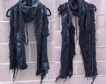 Handcrafted Distressed Black Scarf: Cyberpunk Gothic Halloween costume