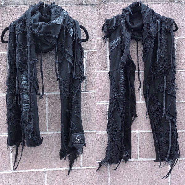 Black scarf, distressed scarf, long scarf, postapocalyptic scarf, cyberpunk scarf, Halloween costume, burning man, dystopian, gothic scarf