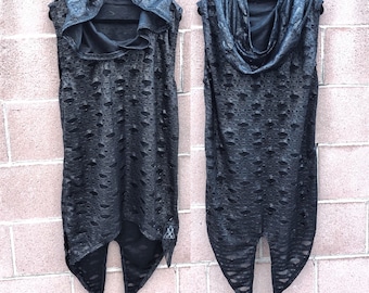 Handcrafted Distressed Hooded Top: Post-Apocalyptic Cyberpunk Clubwear