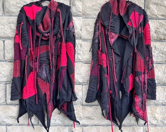 Handmade Black & Red Distressed Cyberpunk Hoodie: Halloween costume